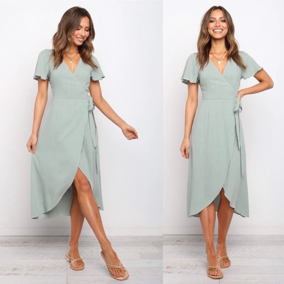 Petal & Pup Rowie Sage Wrap Linen Dress - Picture 2 of 7